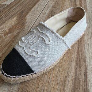 CHANEL Espadrilles Black-White Denim Slip-on Shoes Eur. 39